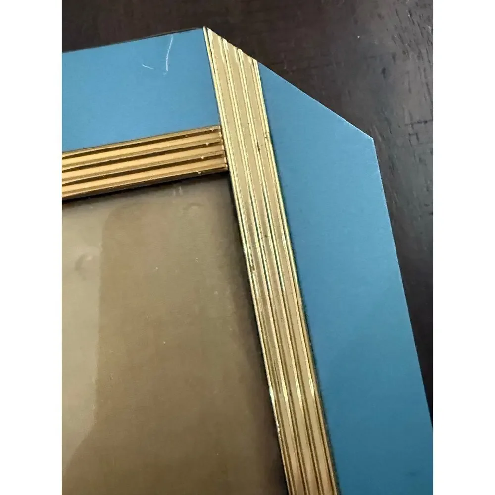 Vintage 1980s Solid Brass 8x10 Photo Frame Teal Blue Art Deco